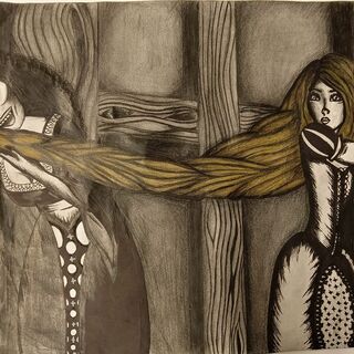 Bleistiftzeichnung, wie sich Rapunzel gegen Mutter Gothel mit einer Bratpfanne wehrt