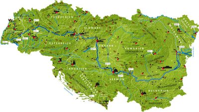 Donaukarte mit angrenzenden Ländern und deren Groß- und Hauptstädten