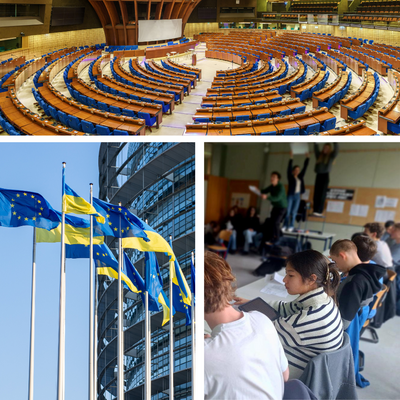 Das Europäische Parlament, Ukraine- und Europaflaggen, Schulklasse im Unterricht